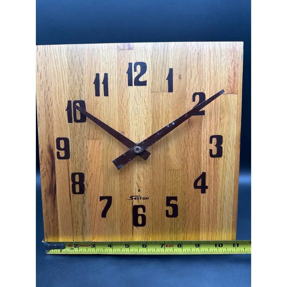 Vintage 1970s Sexton Butcher Block Wood Wall Clock USA tested WORKS USA 11” MCM